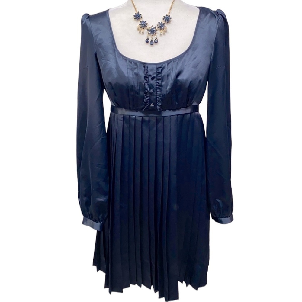 Max & Cleo Satin Navy Dress With Pleated Skirt